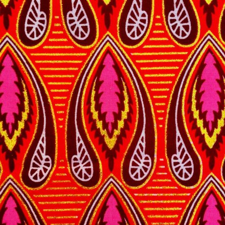Tissu Wax pailleté rouge imprimé Flammes détail
