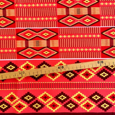 Tissu Wax pailleté rouge imprimé Kente détail bordure