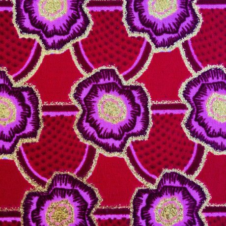 Tissu Wax pailleté rouge rose imprimé Mini fleurs détail
