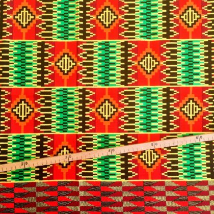 Tissu Wax pailleté rouge vert imprimé Aztèque