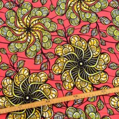 Tissu Wax corail jaune imprimé Eclosion