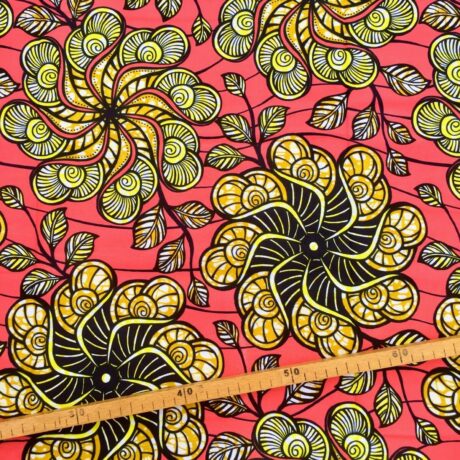 Tissu Wax corail jaune imprimé Eclosion