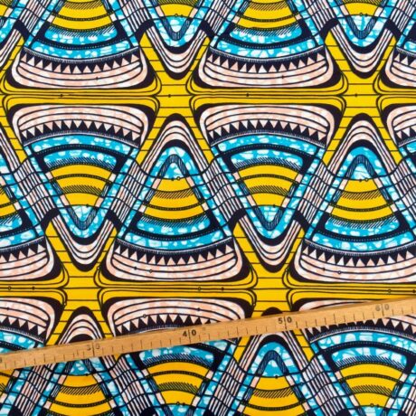 Tissu Wax jaune bleu turquoise imprimé Triangles