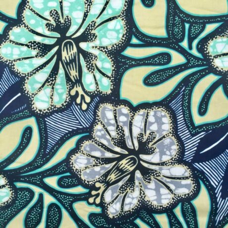Tissu Wax marine beige turquoise imprimé Hibiscus détail