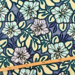 Tissu Wax marine beige turquoise imprimé Hibiscus