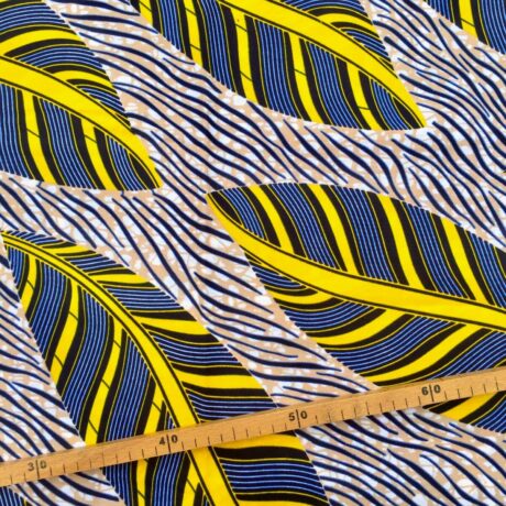 Tissu Wax marine jaune beige imprimé Plumes