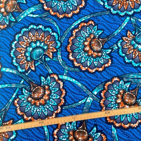 Tissu Wax marron bleu turquoise imprimé Floral