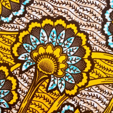 Tissu Wax marron jaune turquoise imprimé Floral détail