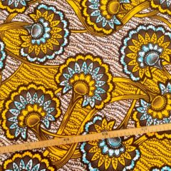 Tissu Wax marron jaune turquoise imprimé Floral