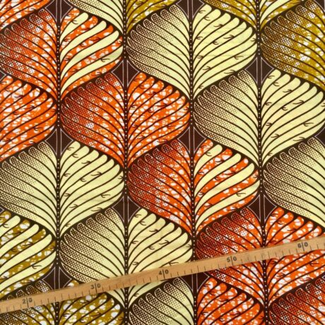 Tissu Wax marron orange beige imprimé Feuilles