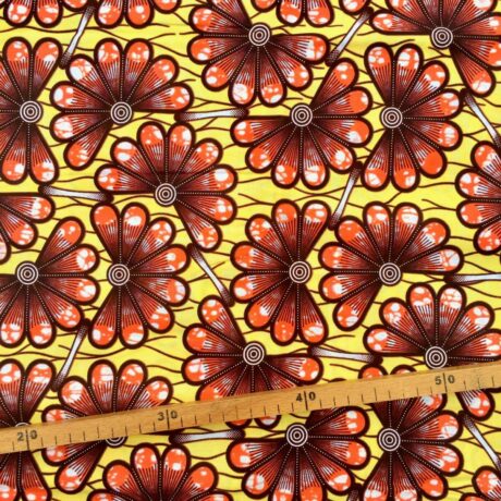 Tissu Wax marron orange imprimé Fleurs