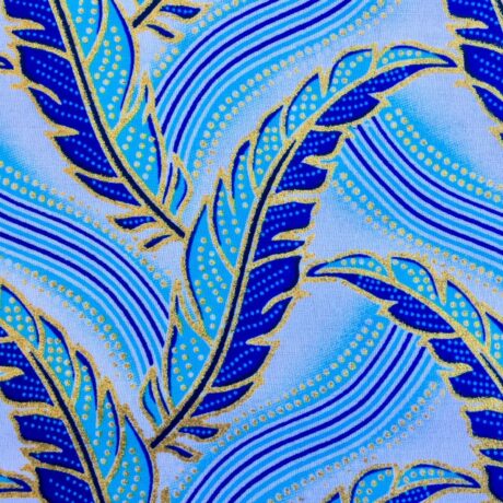 Tissu Wax pailleté blanc bleu imprimé Plumes détail