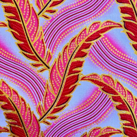 Tissu Wax pailleté blanc rose rouge imprimé Plumes détail