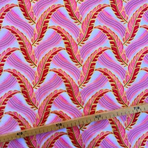 Tissu Wax pailleté blanc rose rouge imprimé Plumes