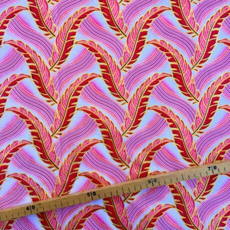 Tissu Wax pailleté blanc rose rouge imprimé Plumes
