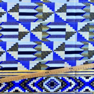 Tissu Wax pailleté bleu blanc imprimé Kente