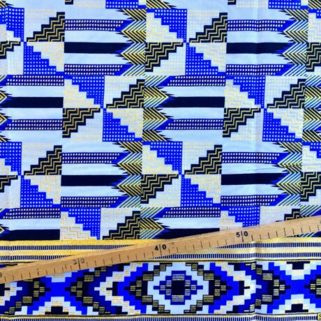 Tissu Wax pailleté bleu blanc imprimé Kente