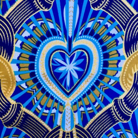 Tissu Wax pailleté bleu imprimé Coeur détail