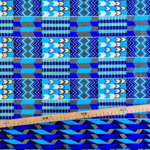 Tissu Wax pailleté bleu imprimé Kente