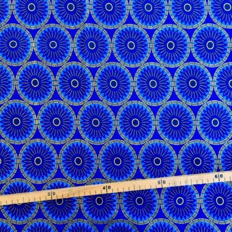 Tissu Wax pailleté bleu imprimé Rosaces