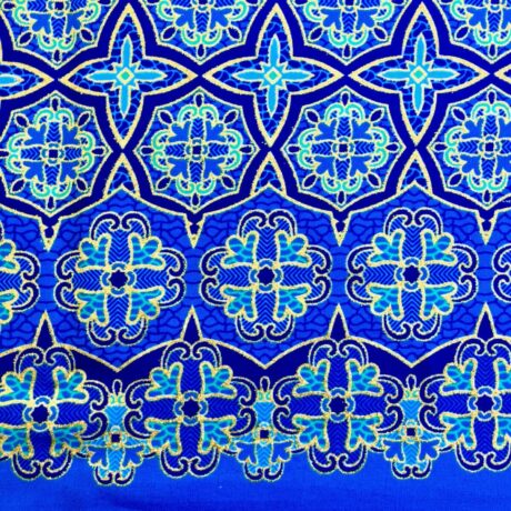 Tissu Wax pailleté bleu imprimé Tuiles détail bordure