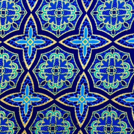 Tissu Wax pailleté bleu imprimé Tuiles détail