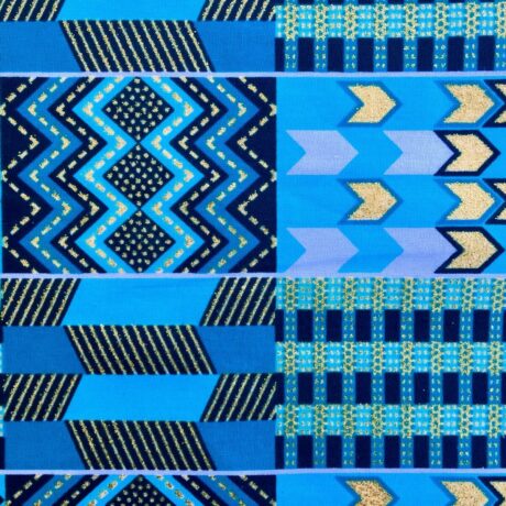 Tissu Wax pailleté bleu turquoise imprimé Kente détail