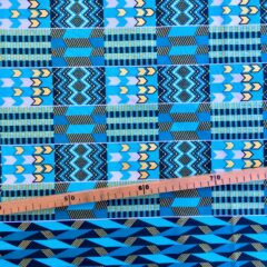 Tissu Wax pailleté bleu turquoise imprimé Kente