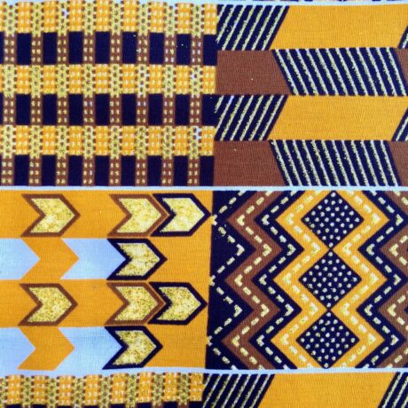 Tissu Wax pailleté jaune marron imprimé Kente détail