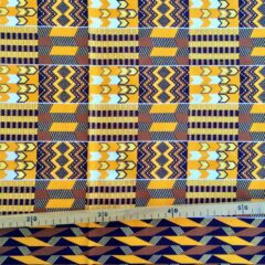 Tissu Wax pailleté jaune marron imprimé Kente