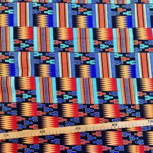 Tissu Wax pailleté noir orange imprimé Kente