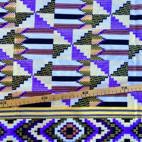 Tissu Wax pailleté violet blanc imprimé Kente