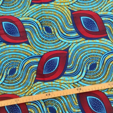 Tissu Wax turquoise marine rouge imprimé Oeil