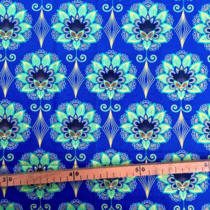 Tissu Wax pailleté bleu imprimé Lotus