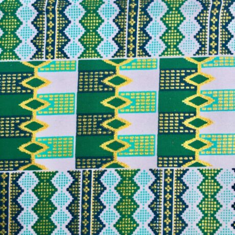 Tissu Wax pailleté vert imprimé Kente détail