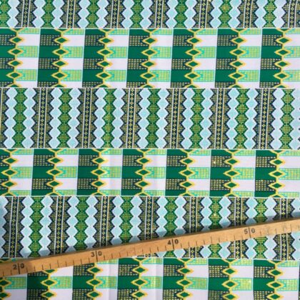 Tissu Wax pailleté vert imprimé Kente