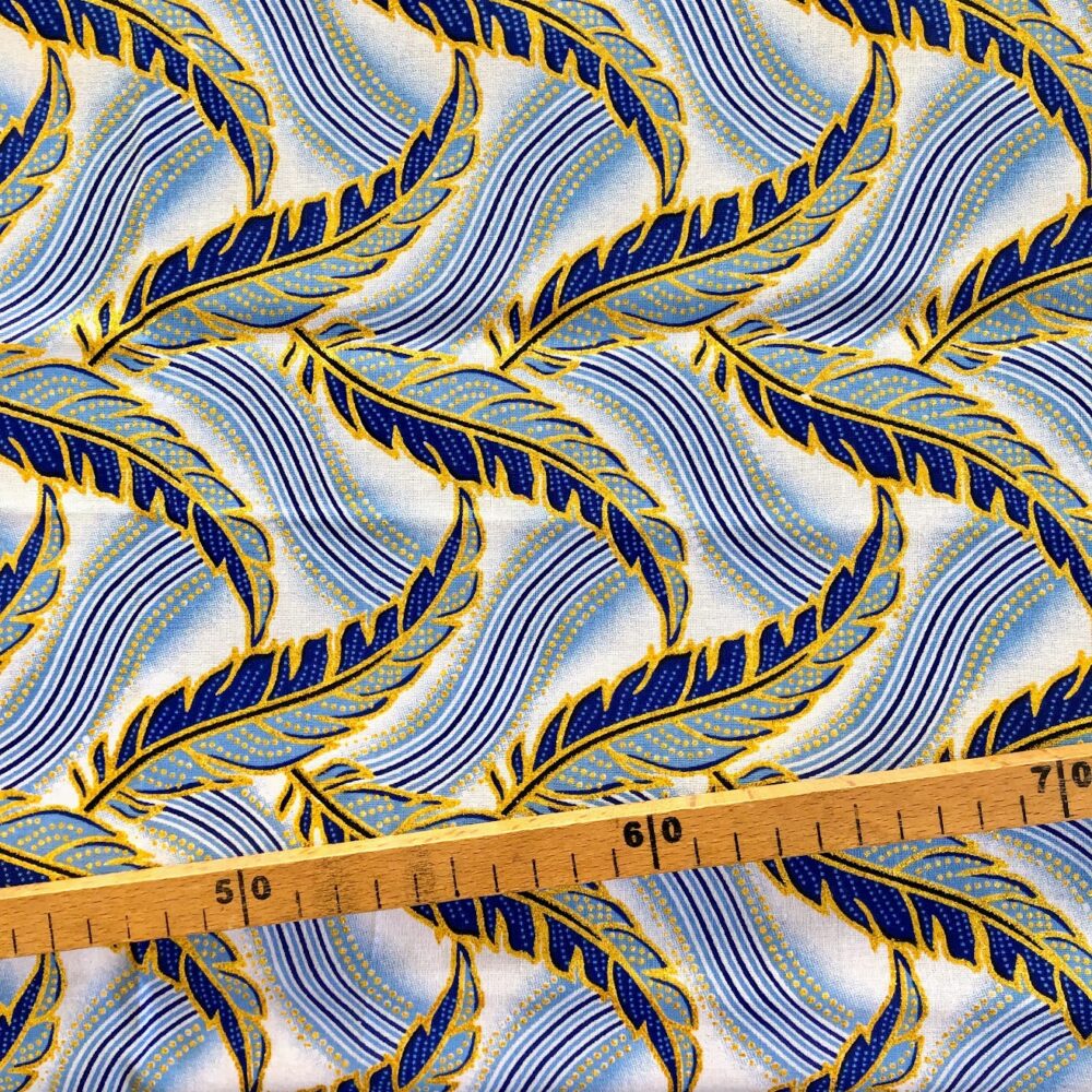Tissu Wax pailleté bleu glacé imprimé Plumes