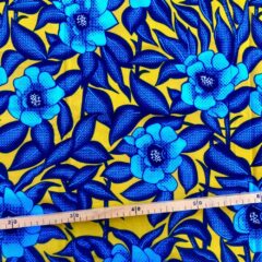 Tissu Wax bleu moutarde imprimé Fleurs