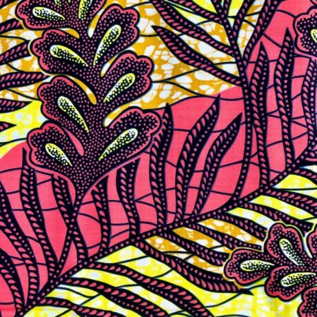 Tissu Wax jaune corail imprimé Feuillage détail