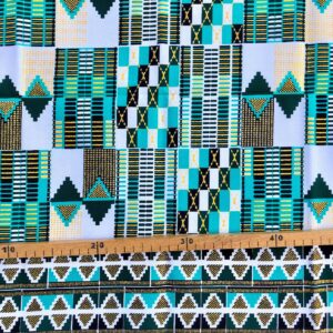 Tissu Wax pailleté vert turquoise imprimé Kente