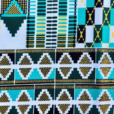 Tissu Wax pailleté vert turquoise imprimé Kente détail bordure