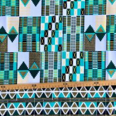 Tissu Wax pailleté vert turquoise imprimé Kente