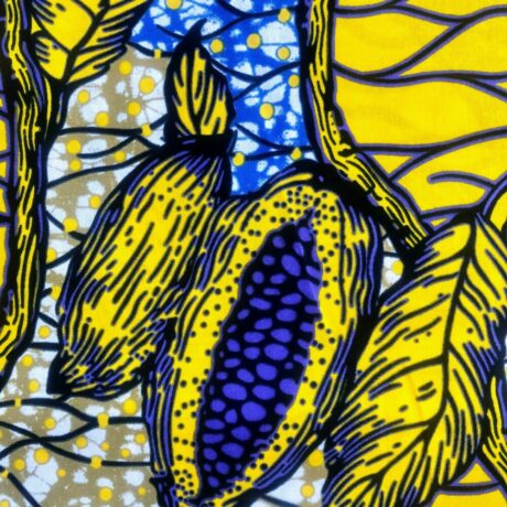 Tissu Wax bleu jaune imprimé Graines détail