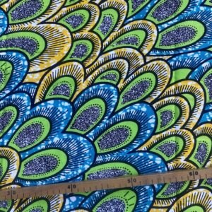 Tissu Wax bleu turquoise jaune imprimé Paon