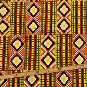 Tissu Wax pailleté vert orange imprimé Toltèque