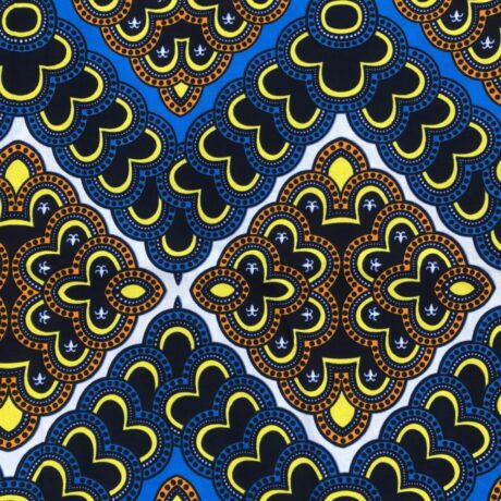 Tissu Wax orange bleu imprimé Suite détail