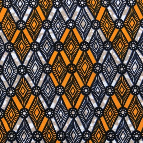 Tissu Wax orange noir imprimé Losanges détail