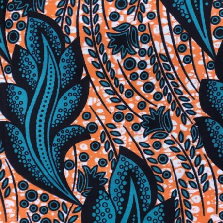 Tissu Wax orange turquoise imprimé Envol détail