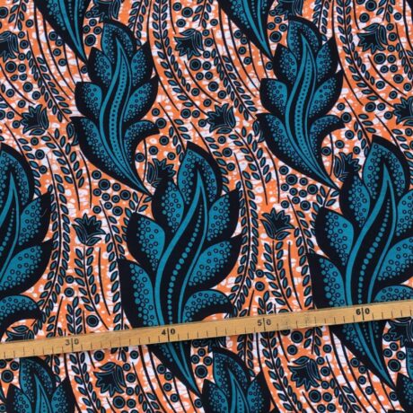 Tissu Wax orange turquoise imprimé Envol