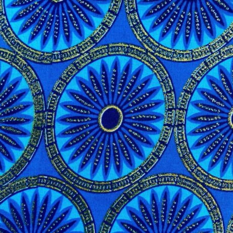 Tissu Wax pailleté bleu turquoise imprimé Rosaces détail